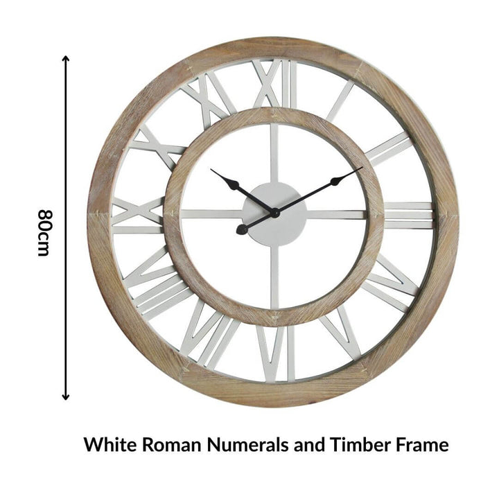 The stylish 80cm Hamptons Double Frame Floating Wall Clock features white numerals with a natural timber frame.