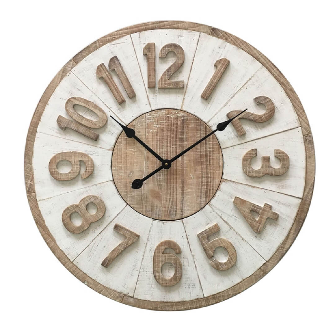 The 70cm large Hamptons Giro Wall Clock has a white timber clock face with raised wood numbers