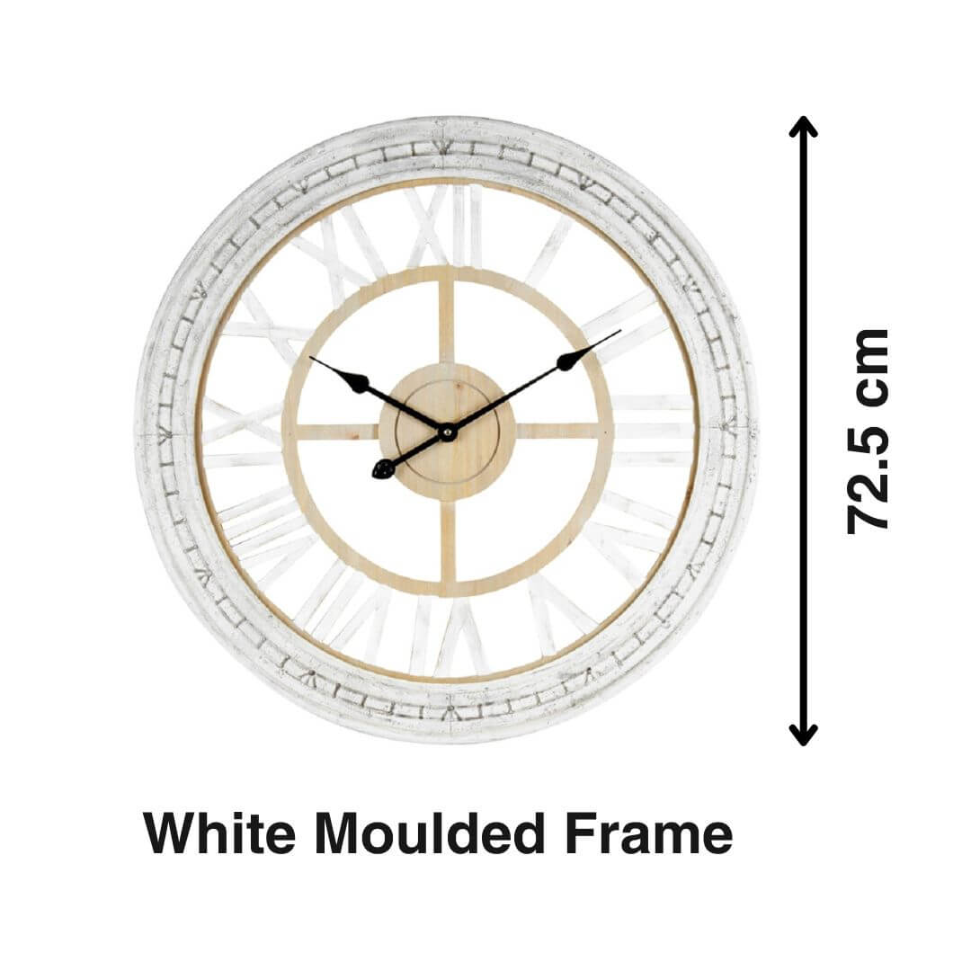 Large 72.5cm Hamptons Moulded Floating Wall Clock in distressed white with natural timber look face and black clock hands
