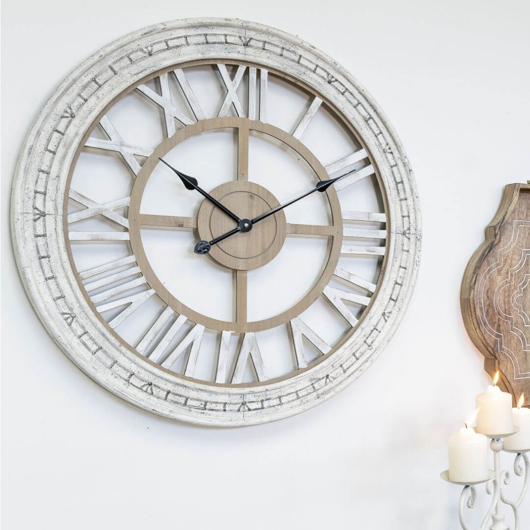 Large 72.5cm Hamptons Moulded Floating Wall Clock in distressed white with natural timber look face and roman numerals