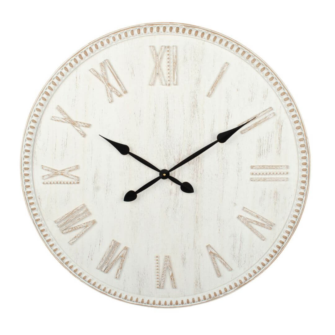 A large 80cm Hamptons Roman Numeral Rimmed White Wall Clock.