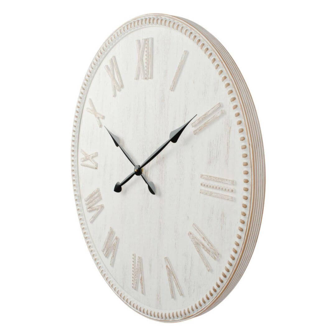 The side view of a large 80cm Hamptons Roman Numeral Rimmed White Wall Clock.