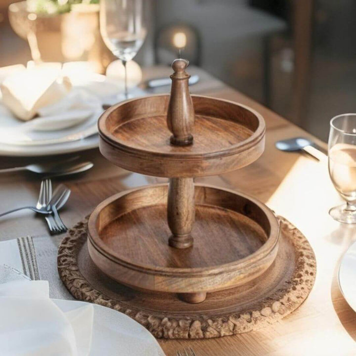 Wooden Two Tier Decorative Tray Display Stand on a dining room table by Beautiful Home Decor