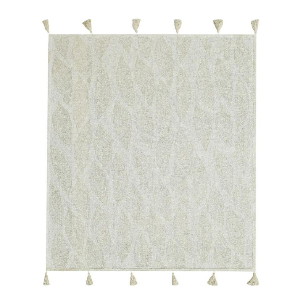The Kye Cotton Throw front in cream and ivory white with a leaf pattern on both sides, measures 130cmx 160cm to decorate your bed or sofa.