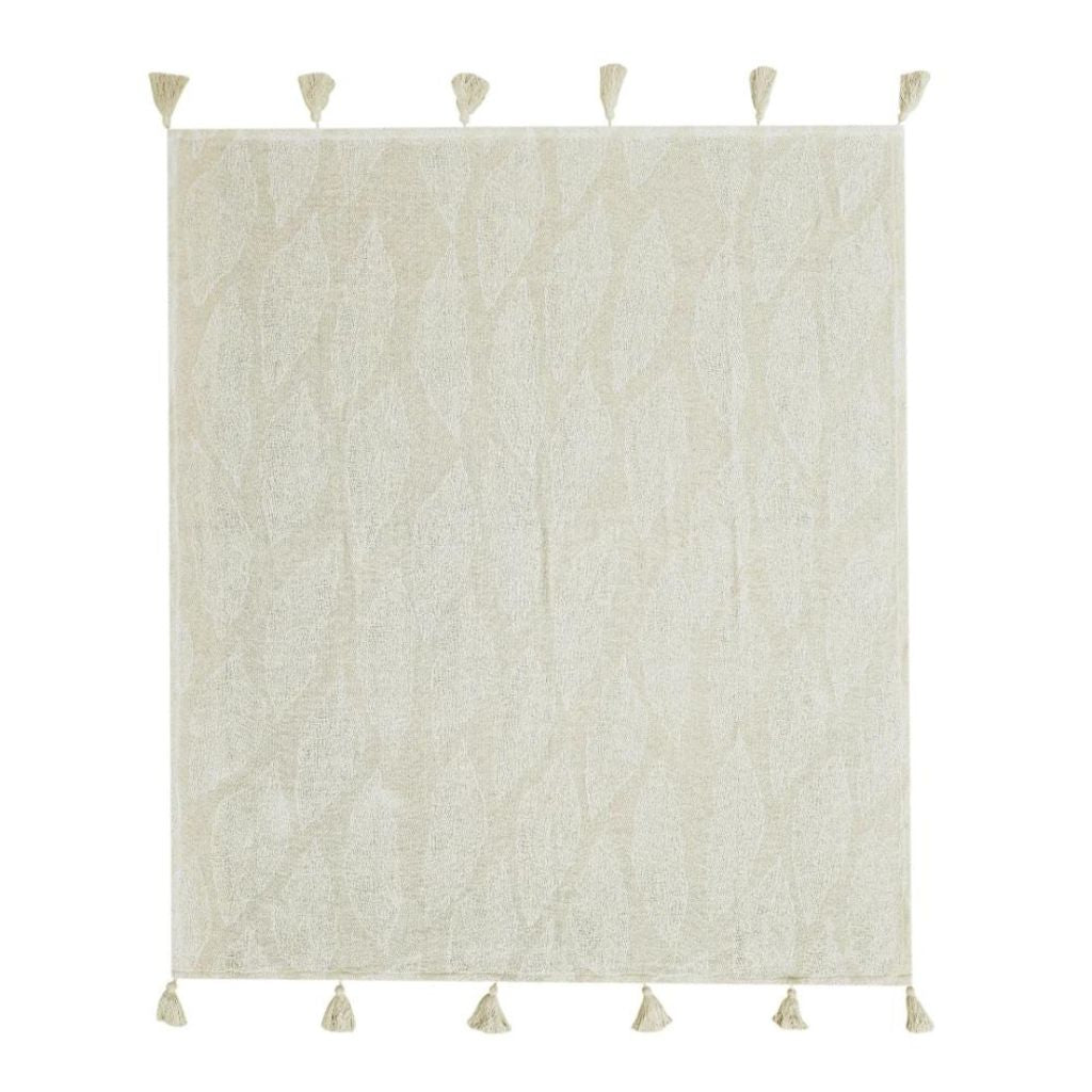 The Kye Cotton Throw back in cream and ivory white with a leaf pattern on both sides, measures 130cmx 160cm to style your bed or sofa.