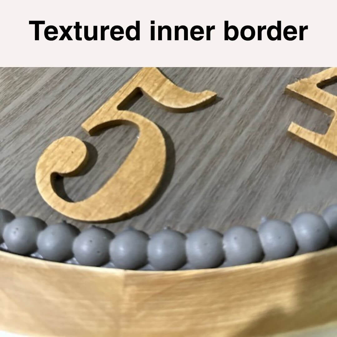 Wooden number '5' on a textured surface with gray beads border on the 60cm Contemporary Grey Timber Wall Clock 