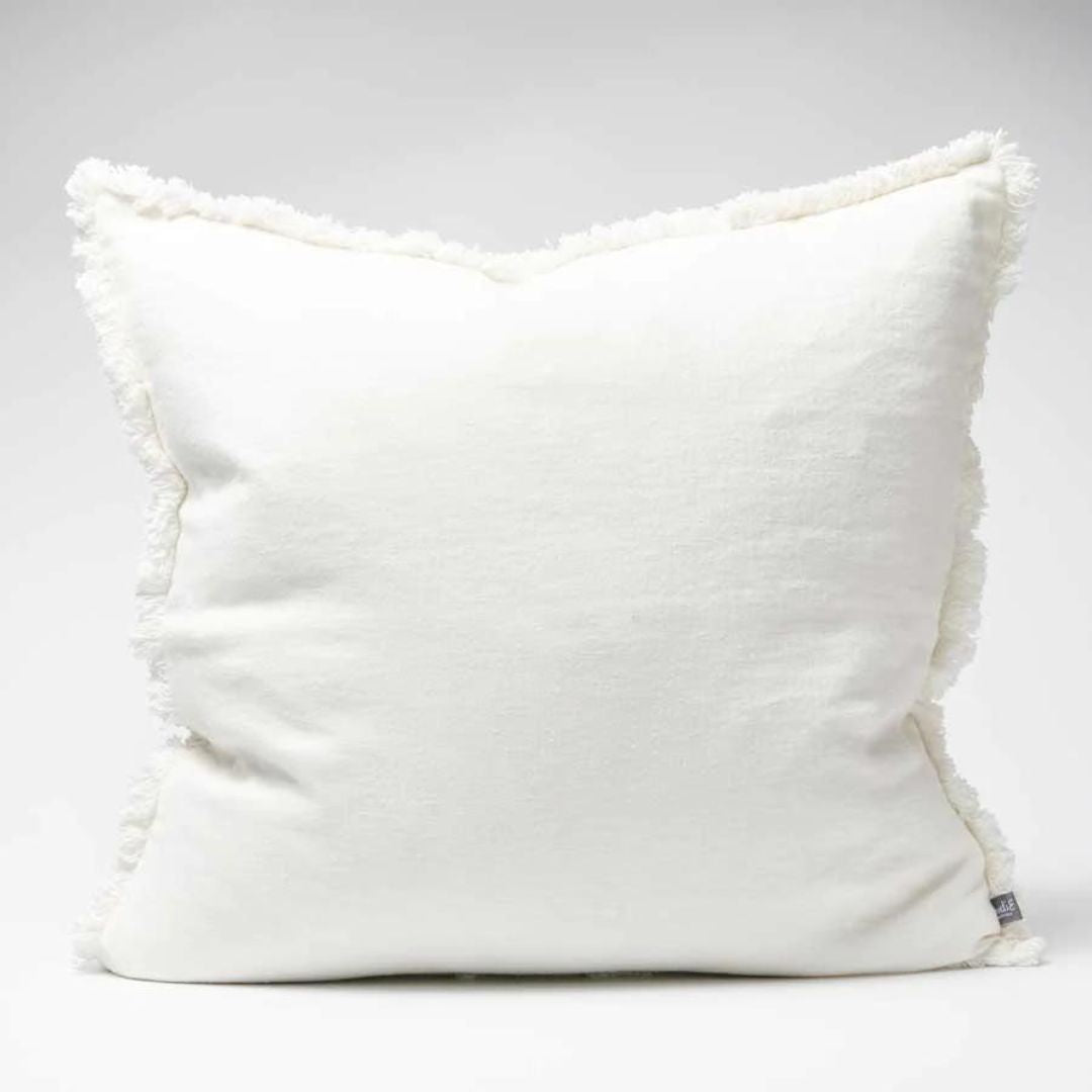 An off white Square 60cm Luca Boho Fringe Linen Cushion and throw bundle set