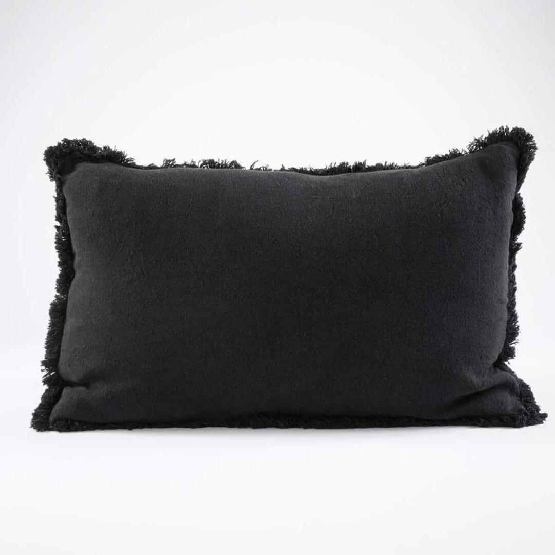 A gorgeous black Rectangle 40cm x 60cm Luca Boho Fringe Linen Cushion and throw bundle set.