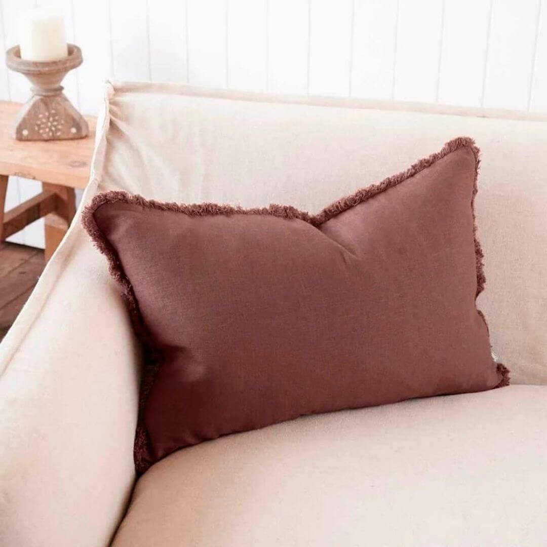 A Desert Rose Red Rectangle 40cm x 60cm Luca Boho  Boho Fringe Cushion to decorate your living room sofa.