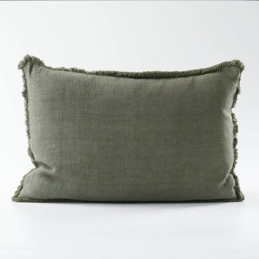 A Khaki Green Rectangle 40cm x 60cm Luca Boho  Boho Fringe Cushion with cotton fringe edge.