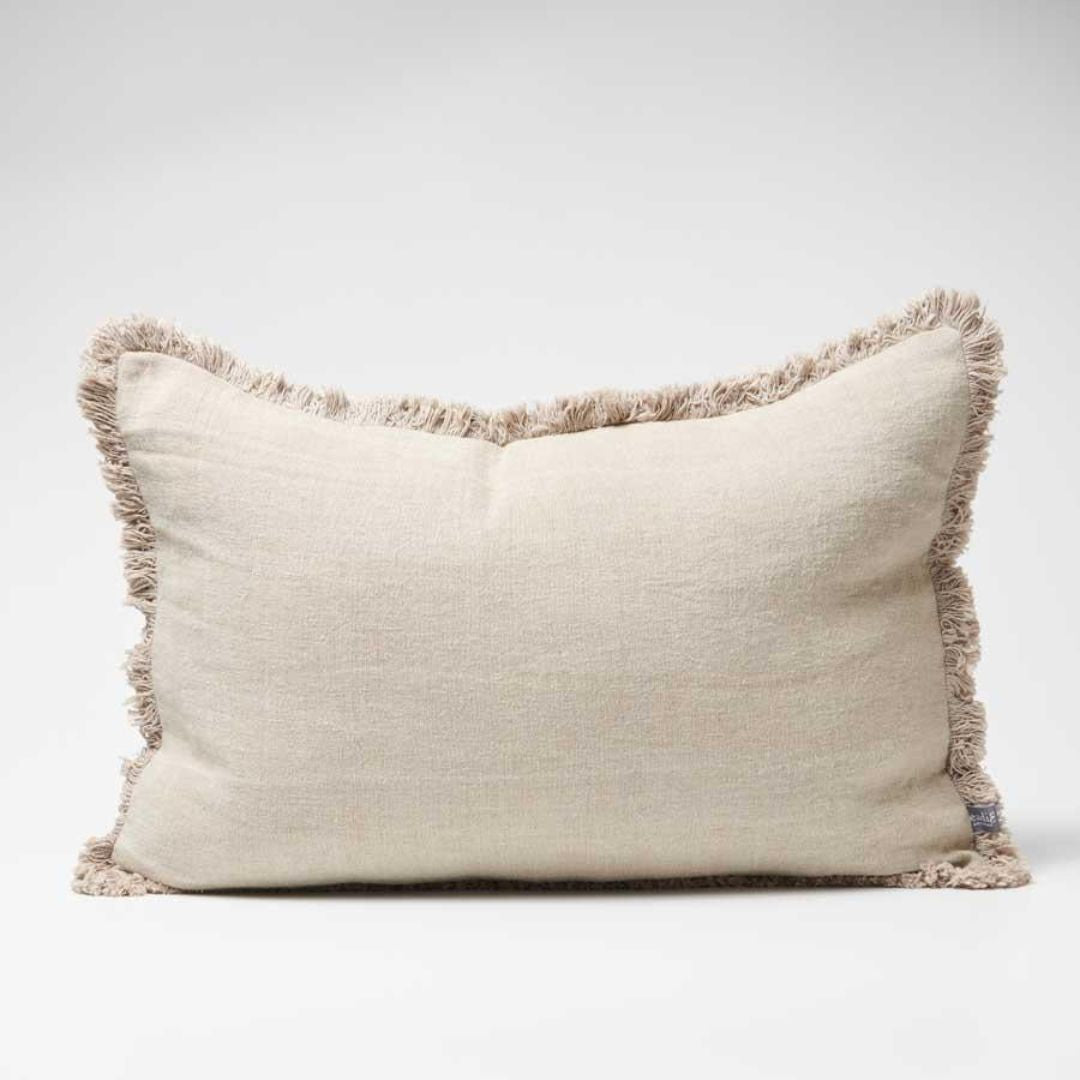 The natural Rectangle 40cm x 60cm Luca Boho Fringe Linen Cushion has a zip at the back and removable cover., part of a cushion and throw set. 