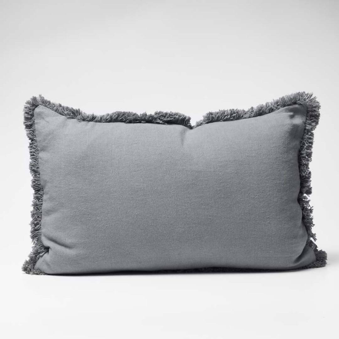 A slate grey Rectangle 40cm x 60cm Luca Boho Fringe Linen Cushion and throw bundle set to match.