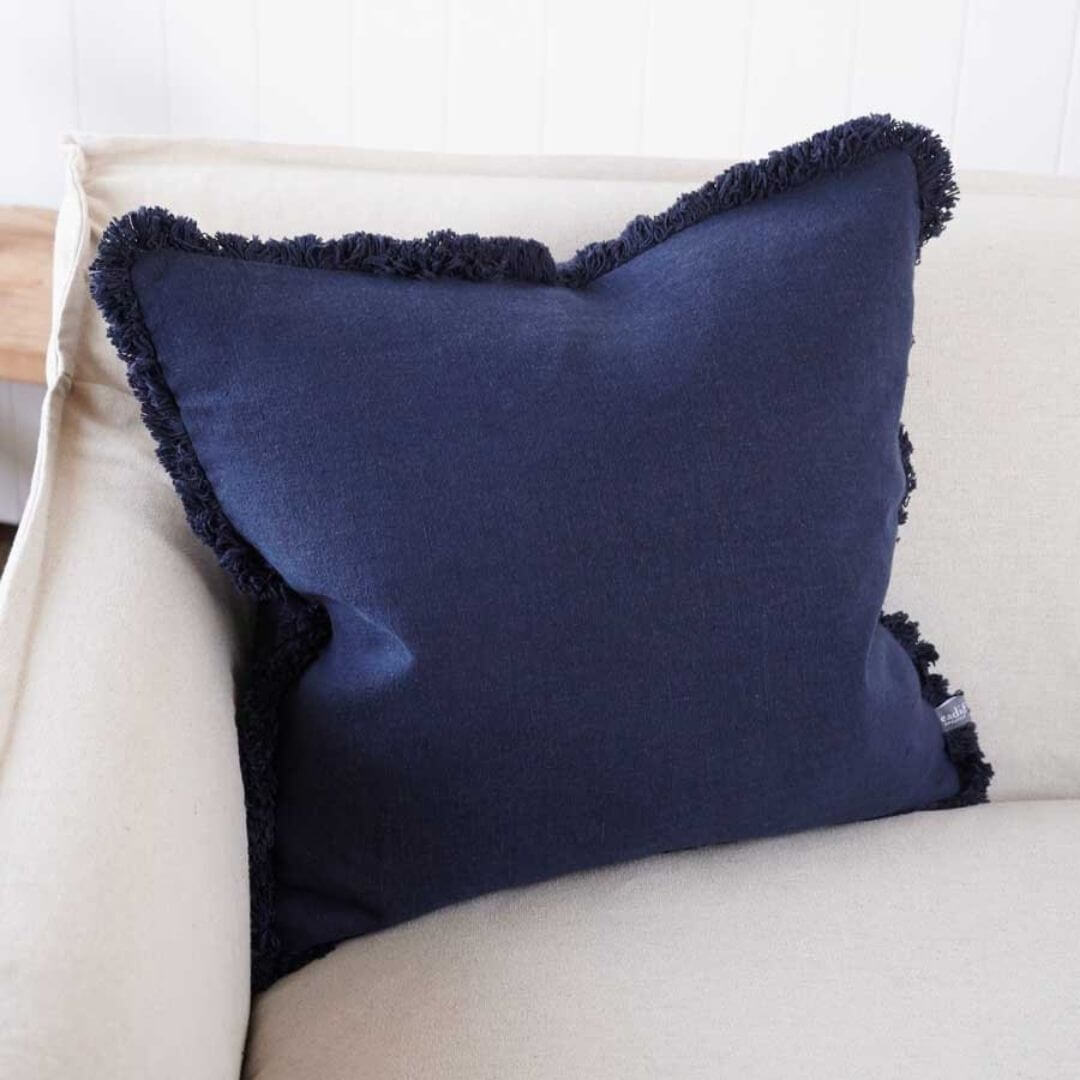 The Navy Blue Square 50cm Luca Boho Fringe Cushion to style your sofa.