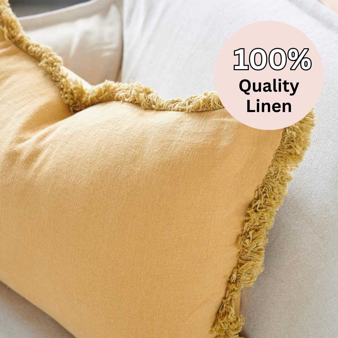 A modern turmeric yellow Rectangle 40cm x 60cm Luca Boho Fringe Linen Cushion and throw bundle set in European linen.