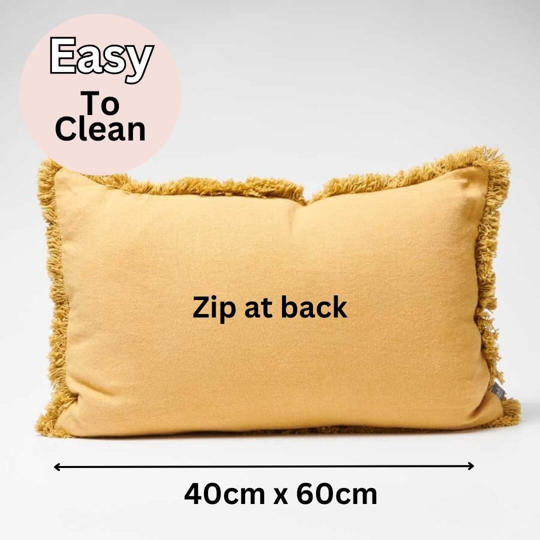 A turmeric Yellow Rectangle 40cm x 60cm Luca Boho Fringe Linen Cushion and throw bundle set.