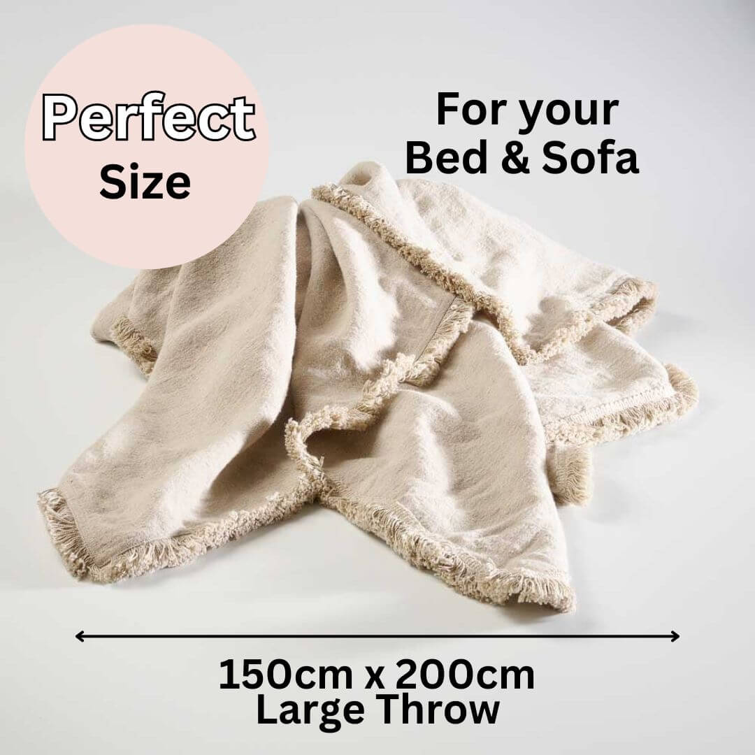 The natural coloured throw found in our Rectangle 40cm x 60cm Luca Boho Fringe Linen Cushion and throw bundle set