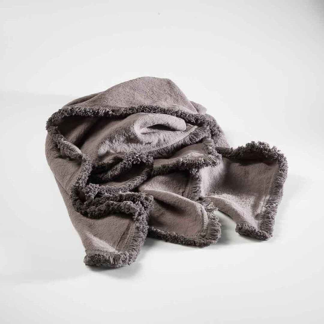 A Slate Grey Luca Boho Fringe Linen Throw measuring 150cm x 200 cm