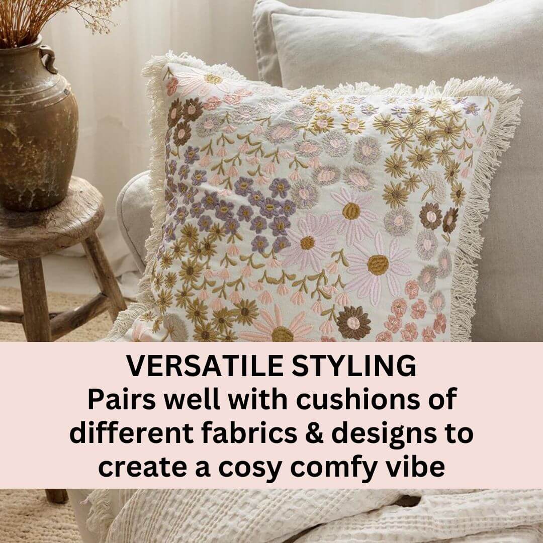 The 50cm Millie Square cushion in various colours and a floral embroidered design for your living room or bedroom.