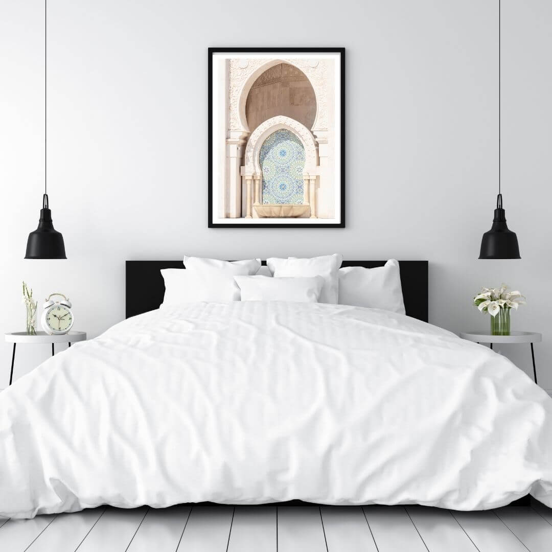 Moroccan Temple Arch Wall Art Photo Print with a black frame to decorate the wall above your bed.