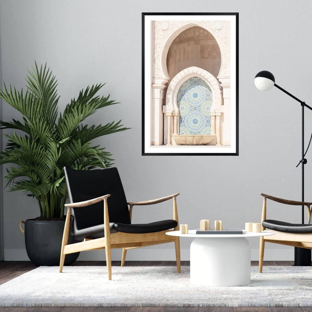 A Moroccan Temple Arch Wall Art Photo Print with a black frame to style your empty living room walls. 