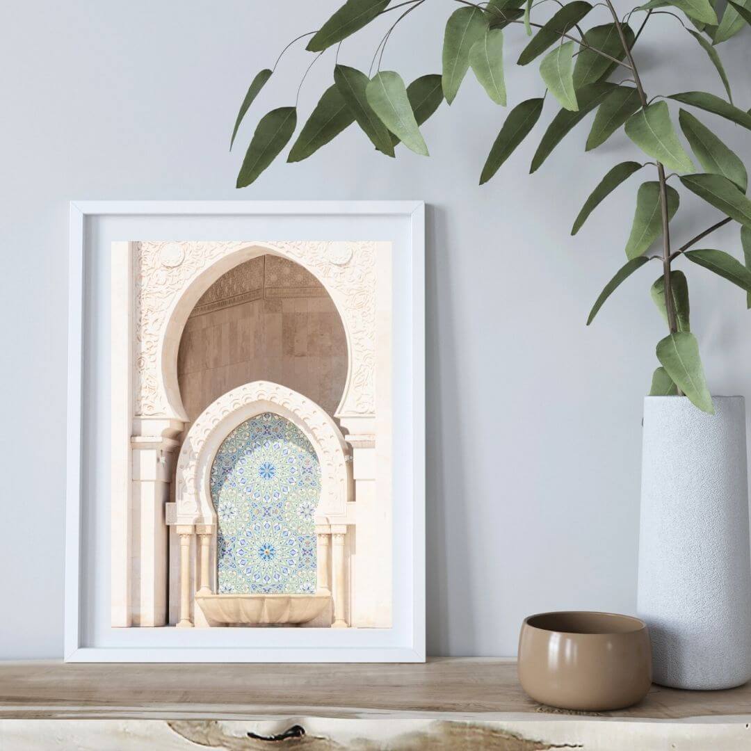 A3 Moroccan Temple Arch Wall Art Photo Print with a white frame to style your shelves by Beautiful Home Decor 