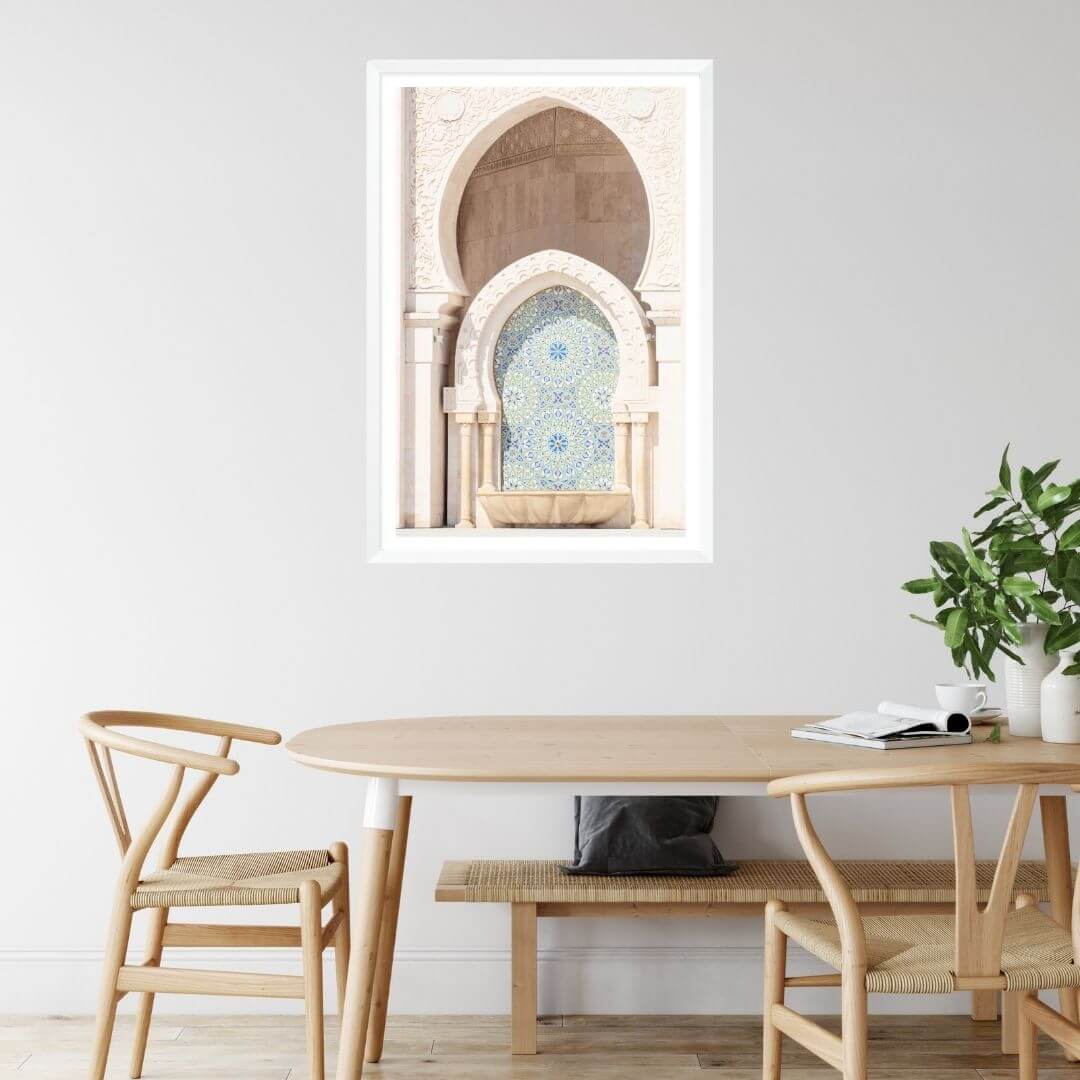 Moroccan Temple Arch Wall Art Photo Print with a white frame on a wall in the dining room. 