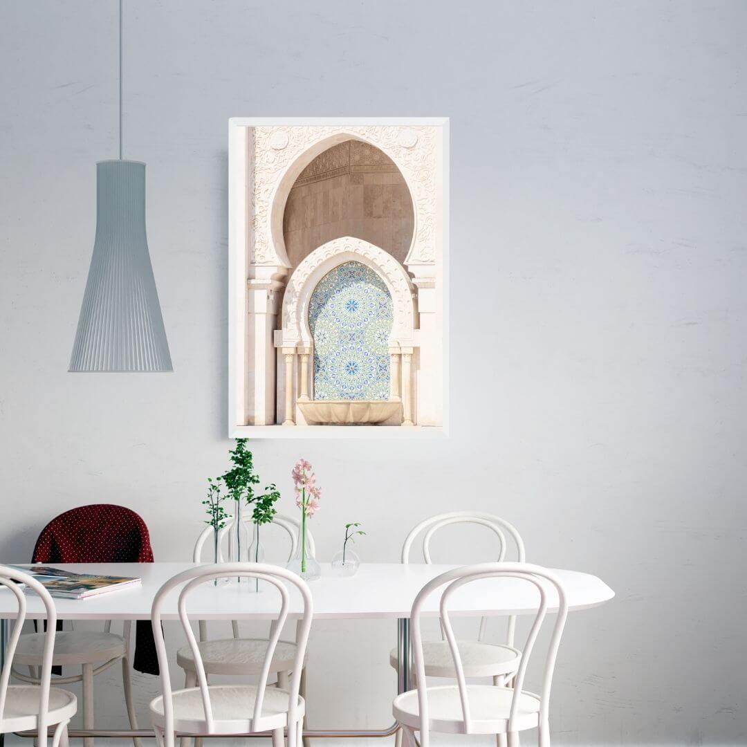 The Moroccan Temple Arch Wall Art Photo Print with a white frame to style a wall in your dining room by Beautiful Home Decor 