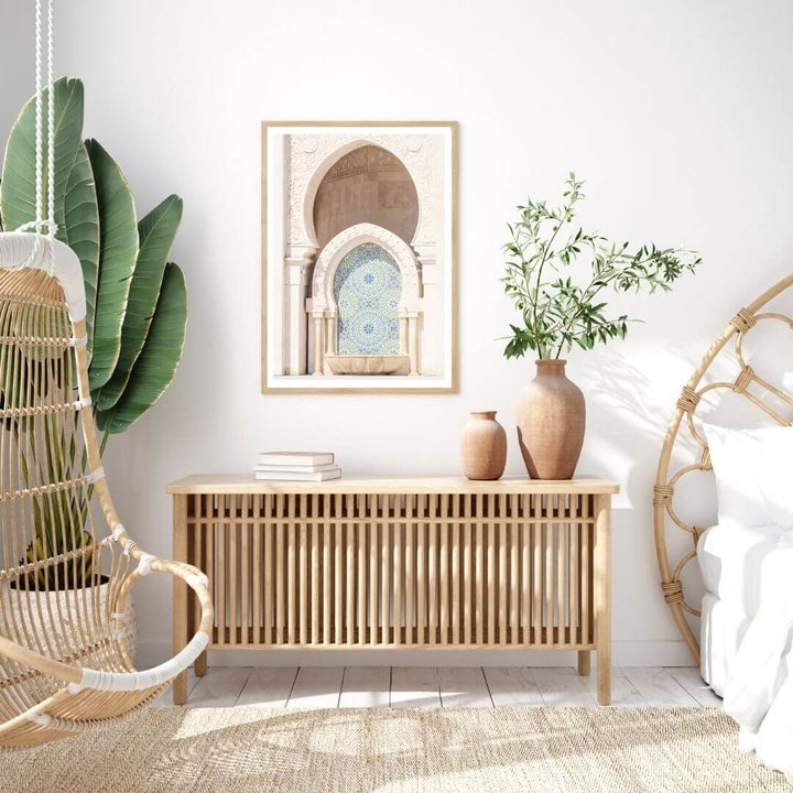 The Moroccan Temple Arch Wall Art Photo Print with a timber frame to decorate your bedroom walls by Beautiful Home Decor 