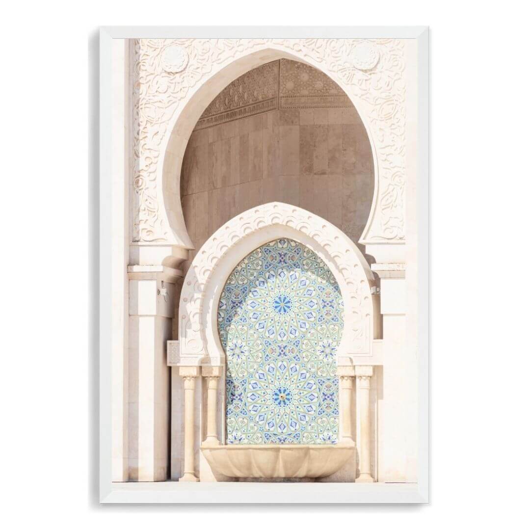 Moroccan Temple Arch Wall Art Photo Print with a white frame border and no white border. 