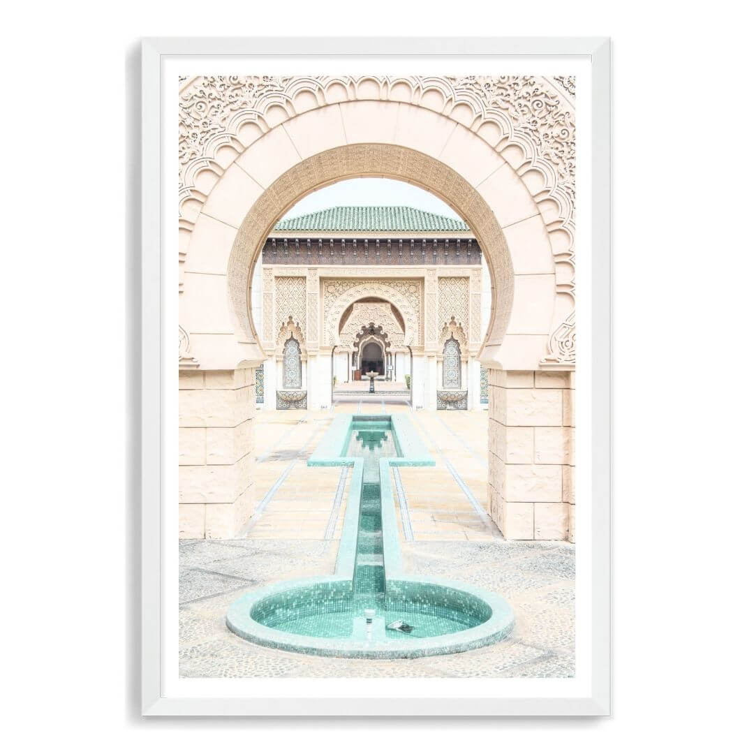 A wall art photo print of a Moroccan Temple water feature with a white frame, white border by Beautiful Home Decor