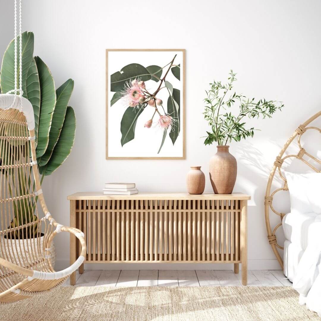 A wall art photo print of native gum eucalyptus flower a with a timber frame to decorate your bedroom by Beautiful Home Decor