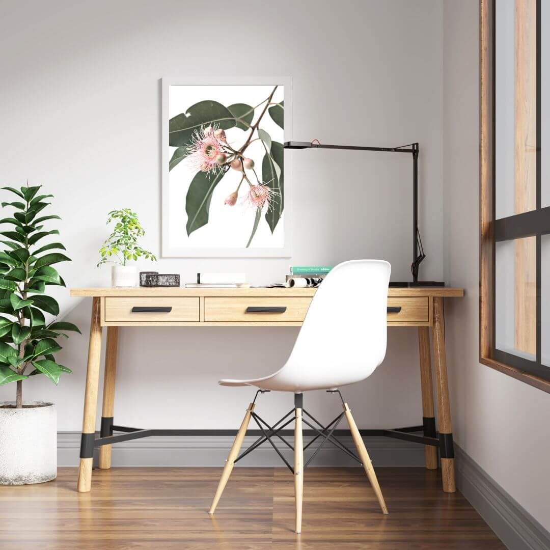 A wall art photo print of native gum eucalyptus flower a with a white frame or unframed for the wall in a kids room