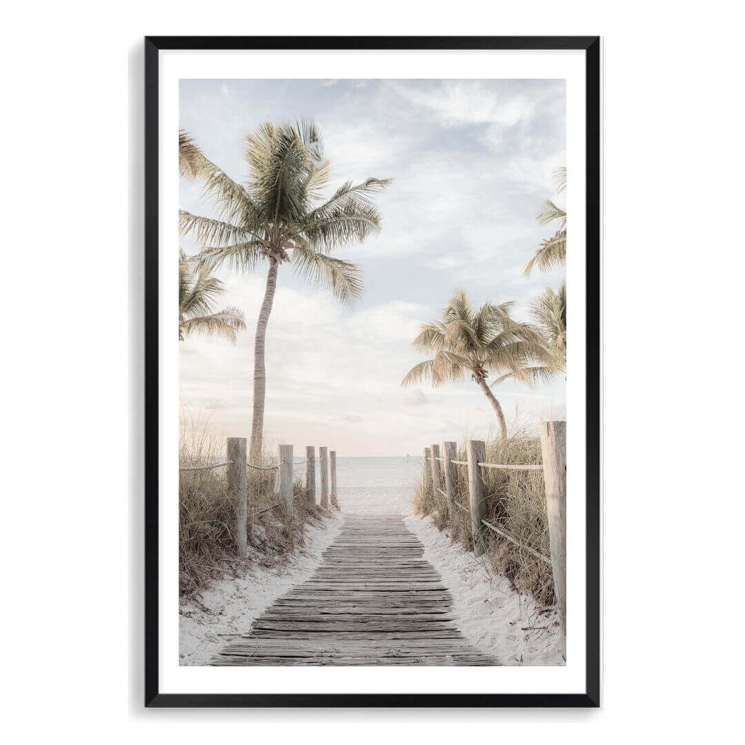 A wall art photo print of a pathway to a beach on the Keys Florida with a black frame, white border by Beautiful Home Decor