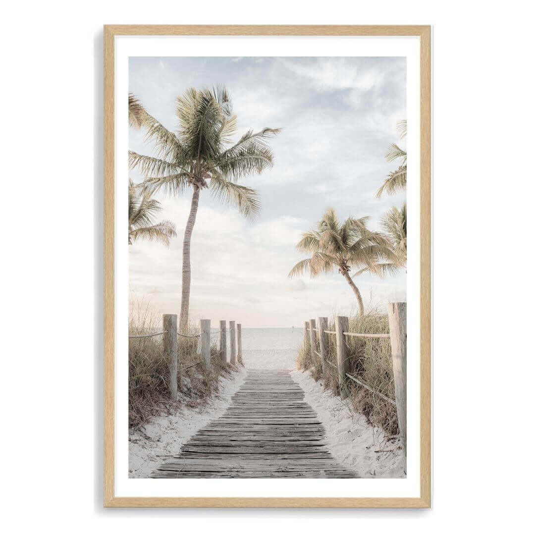 A wall art photo print of a pathway to a beach on the Keys Florida with a timber frame, white border by Beautiful Home Decor