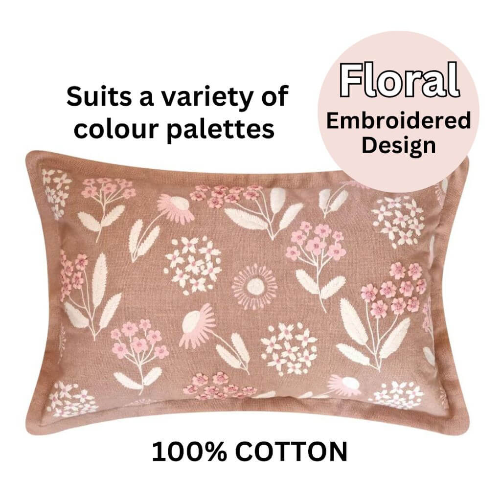 The cotton Posy Floral Embroidered Cushion in Warm Taupe, pink and cream, measures 35cm x 55cm rectangle, perfect to style your bedroom or living room.
