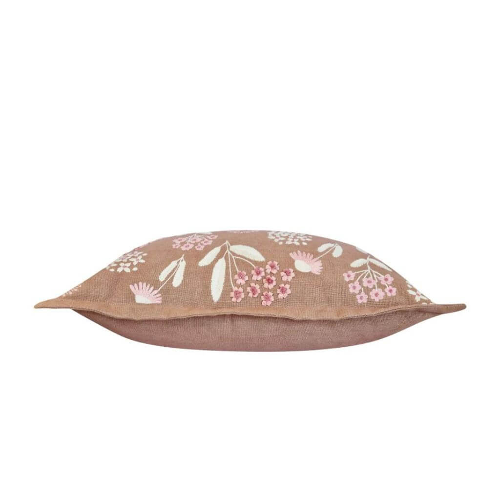 The gorgeous Posy Floral Embroidered Cushion in Warm Taupe, pink and cream, measures 35cm x 55cm rectangle, perfect to style your bedroom bed or living room. sofa
