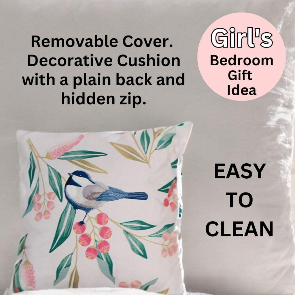 The Pretty Bird Sqaure cushion is easy to clean with  a removable cover and the perfect girls bedroom gift idea.