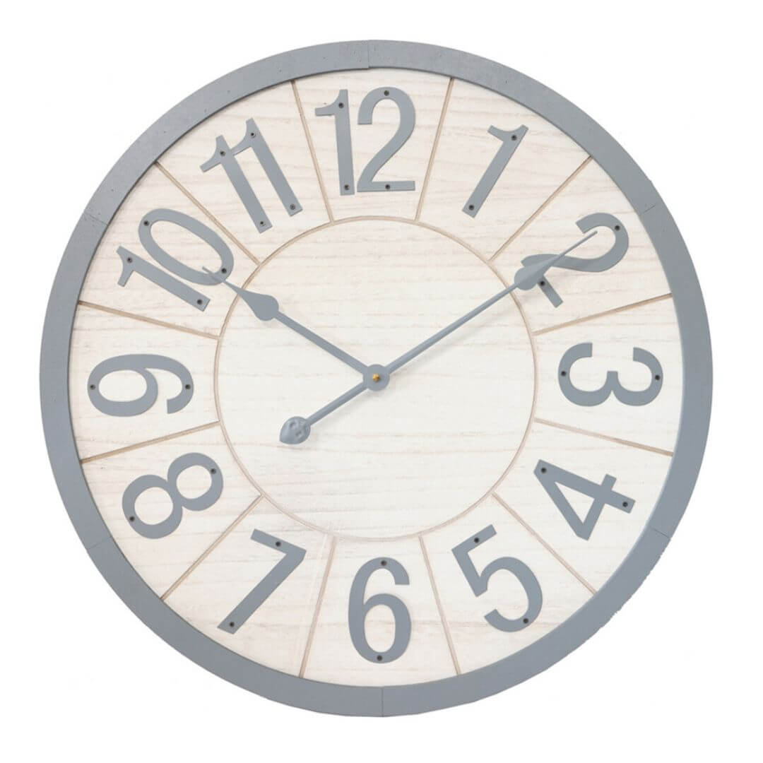 A large 60cm Scandi White And Grey Wall Clock with metal numbers.