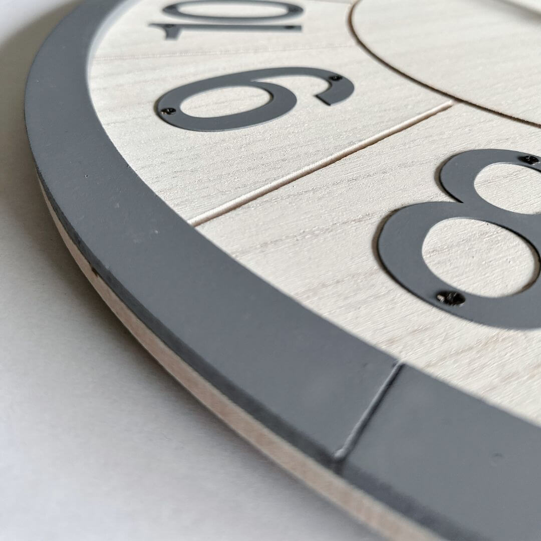A close-up view of the border and metal numbers on the 60cm Scandi White Wall Clock.