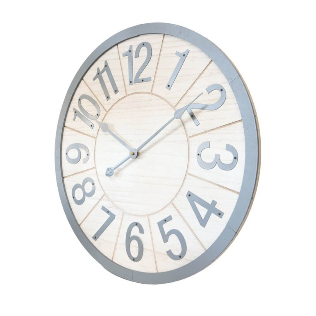 A side view of the large 60cm Scandi White And Grey Wall Clock with metal numbers.