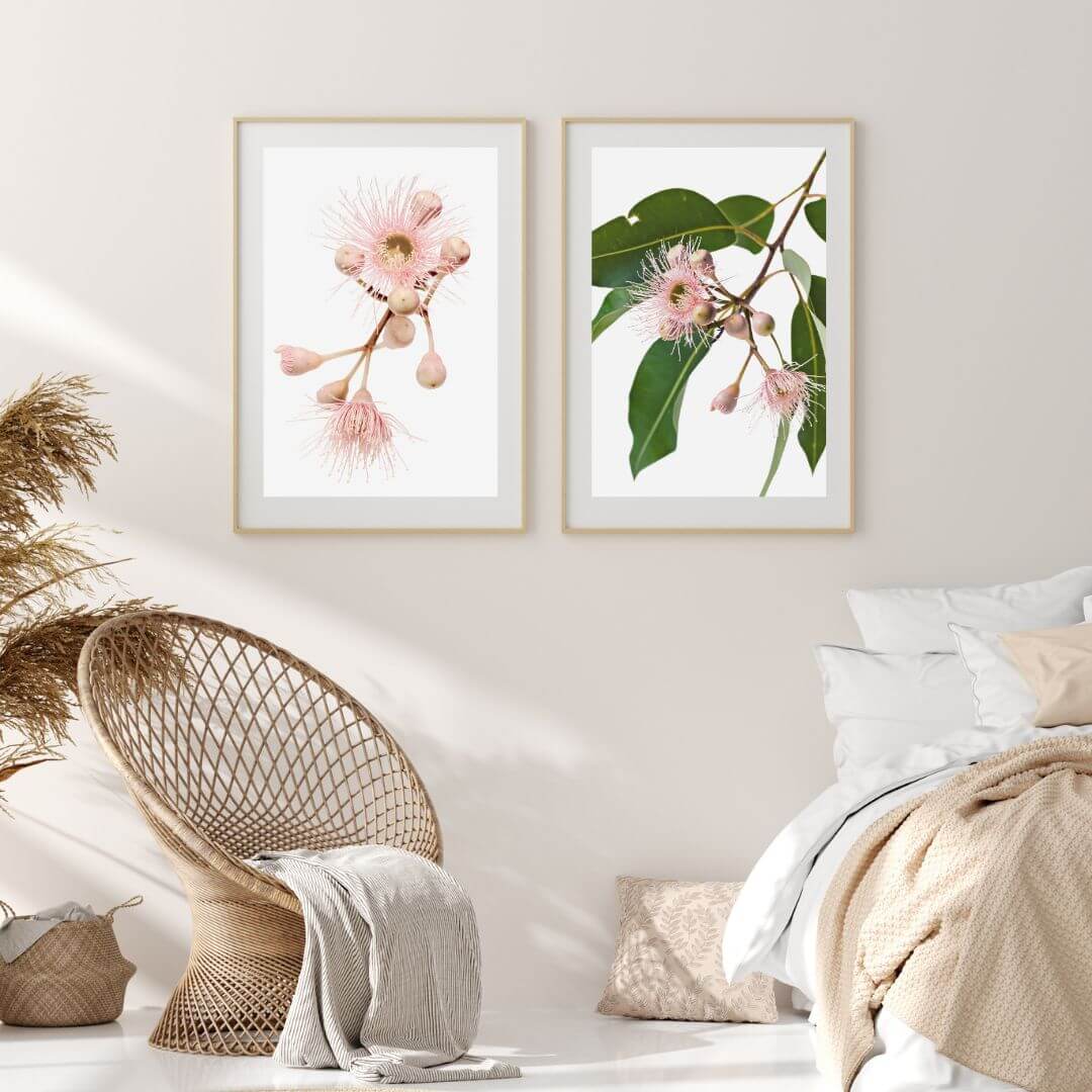 Set of 2 Australian Native Gum Eucalyptus Pink Flower Wall Art Prints Framed or Unframed