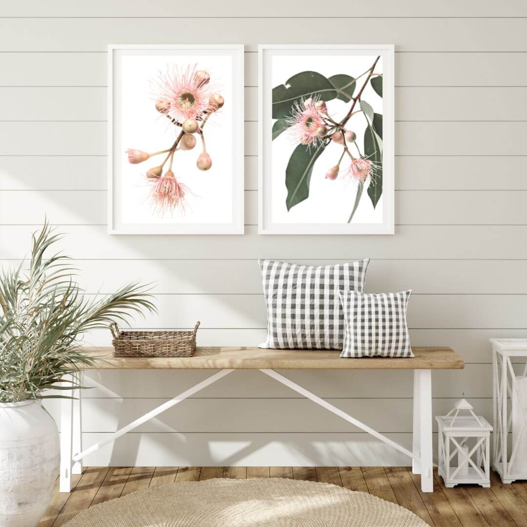 Decorate your empty hallway walls with this gorgeous set of 2 native gum pink eucalyptus flowers  wall art prints