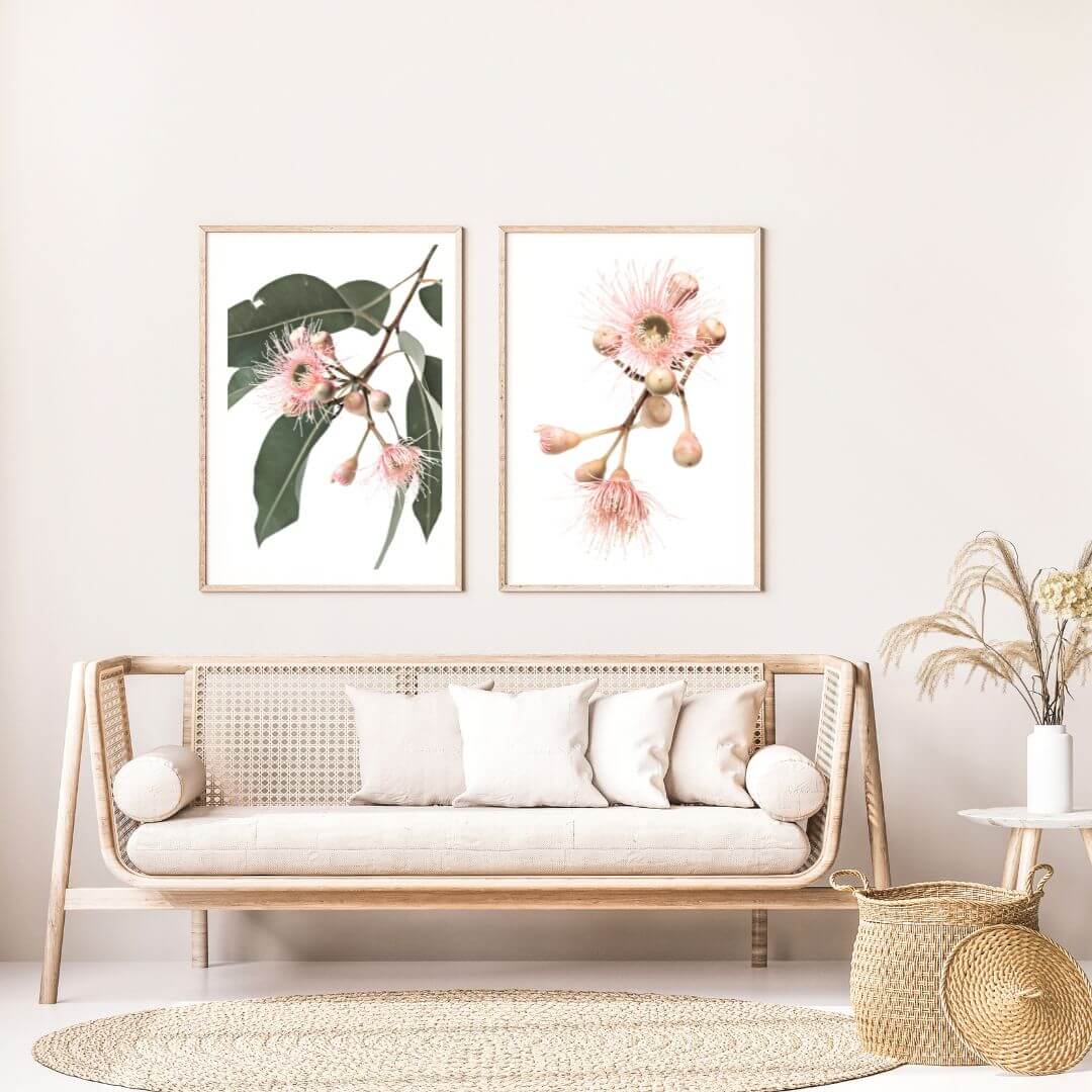 Style your empty walls with this gorgeous set of 2 native gum pink eucalyptus flowers wall art prints