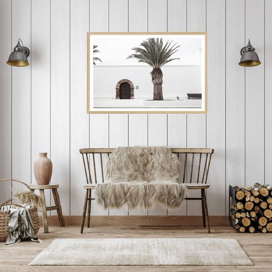 A wall art photo print of a white Spanish Church with a Palm Tree  with a timber frame or unframed for your hallway empty walls
