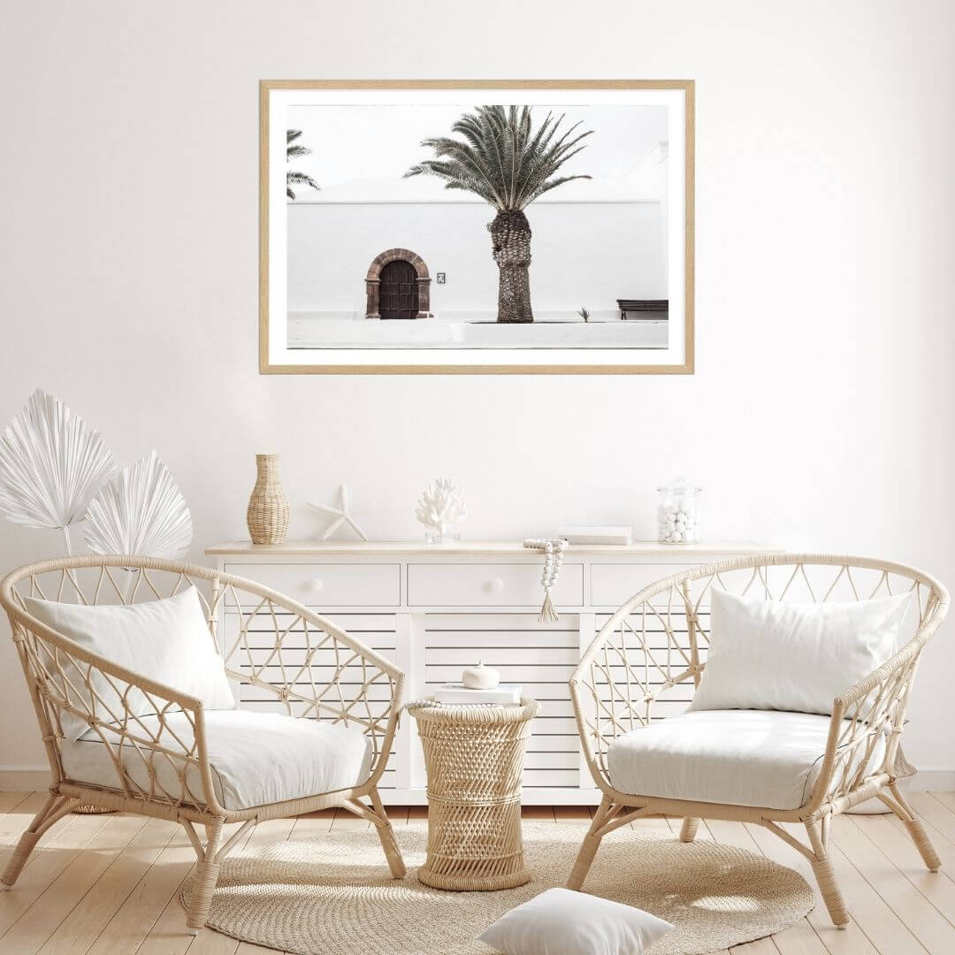 A wall art photo print of a white Spanish Church with a Palm Tree  with a timber frame for the living room by Beautiful HomeDecor