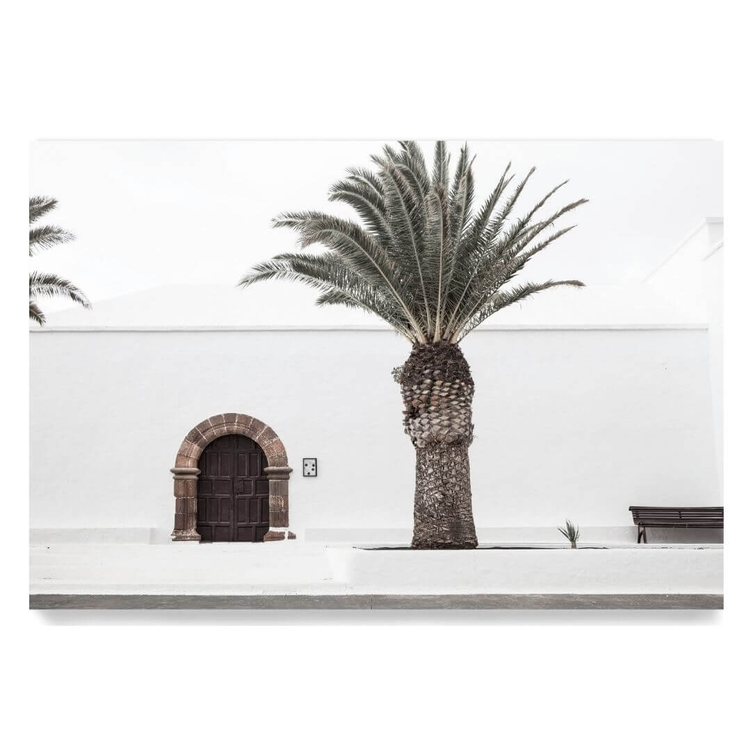 A wall art photo print of a white Spanish Church with a Palm Tree  unframed, printed edge to edge without a white border