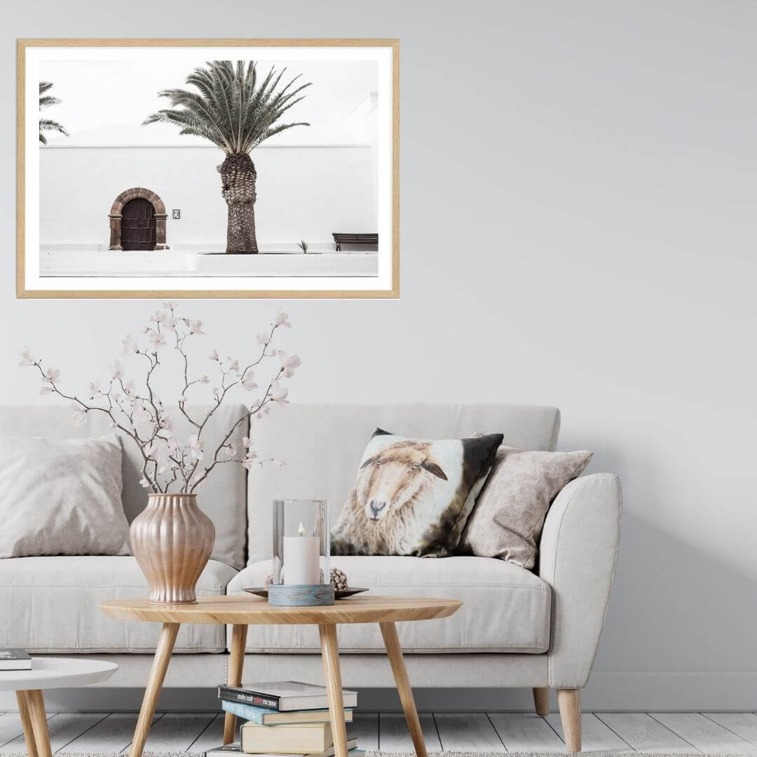 A wall art photo print of a white Spanish Church with a Palm Tree  with a timber frame or unframed for you living roomDecor