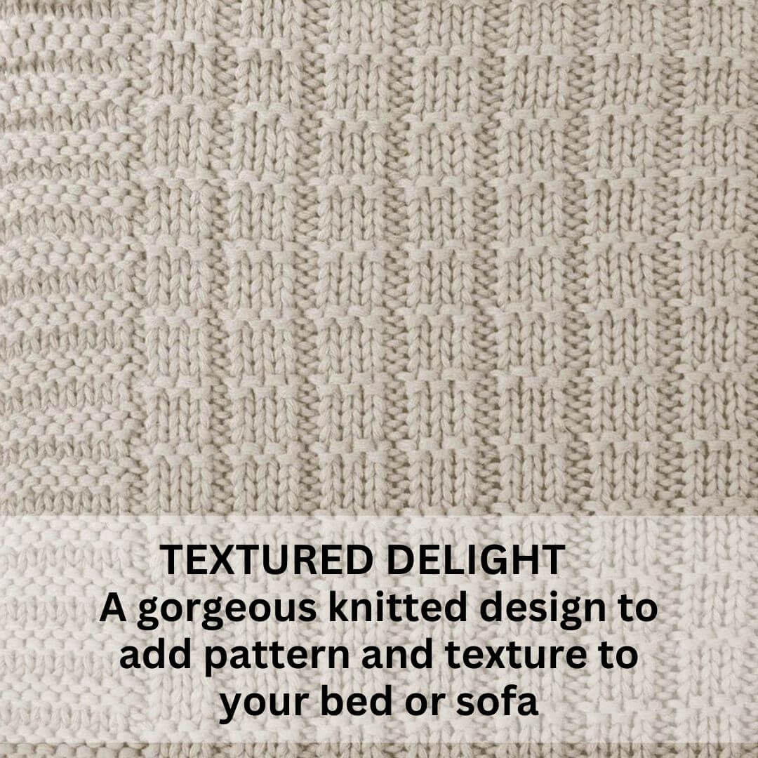 The Tanami Throw in Stone Neutral Brown with a knitted pattern measures 130cm x 200cm.