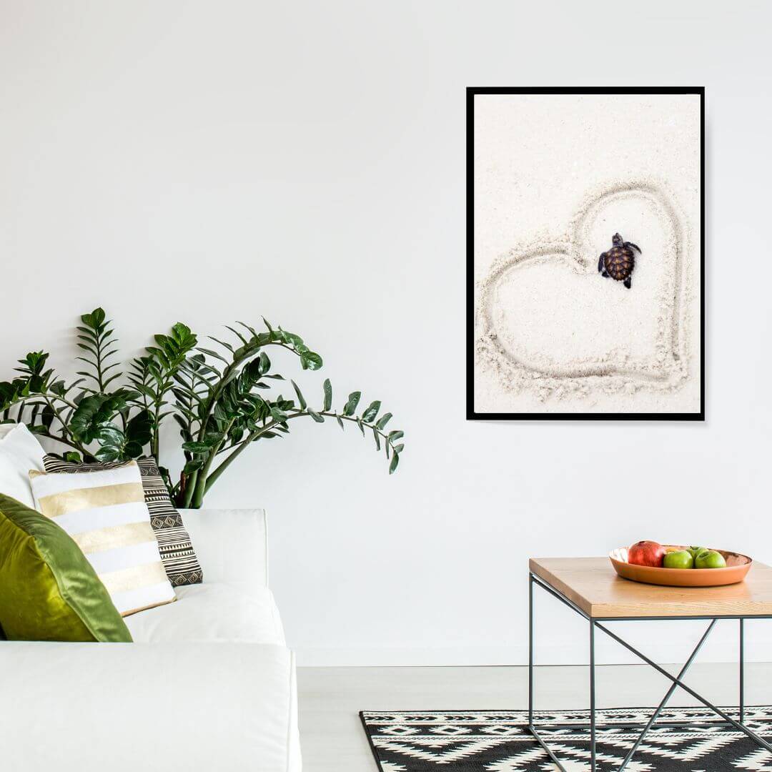A turtle on the beach wall art print available in a variety of sizes
