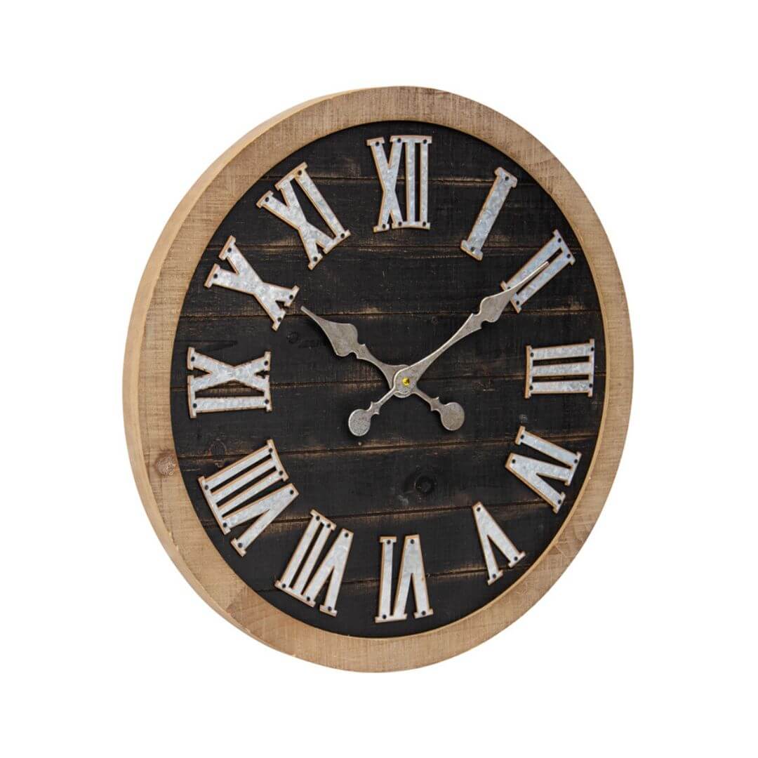 Back view of the Vintage Industrial Large Black Wall Clock in 60 cm with metal Roman Numerals and clock hands